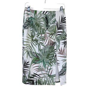 Worth New York Pencil Skirt Front Slit Tropical Print Green White Linen Size 0
